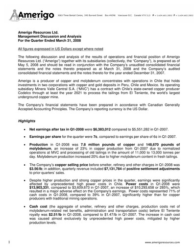 Miniature Amerigo Resources Rapport trimestriel 2008-q1
