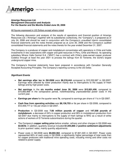 Miniature Amerigo Resources Rapport trimestriel 2008-q2