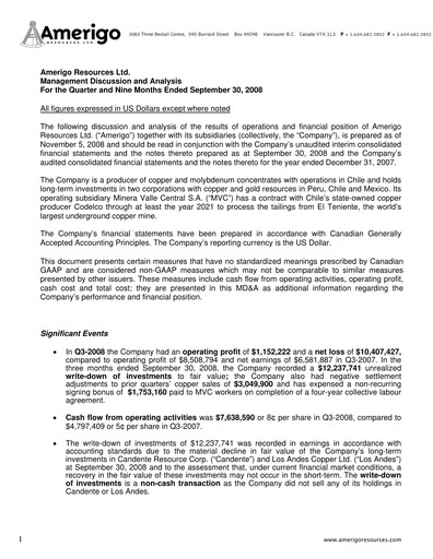 Miniature Amerigo Resources Rapport trimestriel 2008-q3