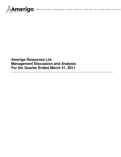 Miniature Amerigo Resources Rapport trimestriel 2011-q1