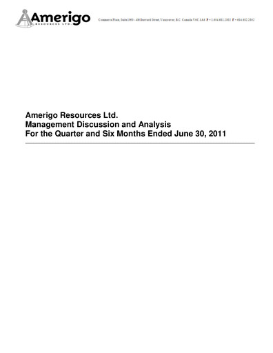 Miniature Amerigo Resources Rapport trimestriel 2011-q2