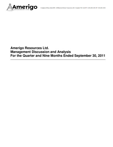 Miniature Amerigo Resources Rapport trimestriel 2011-q3