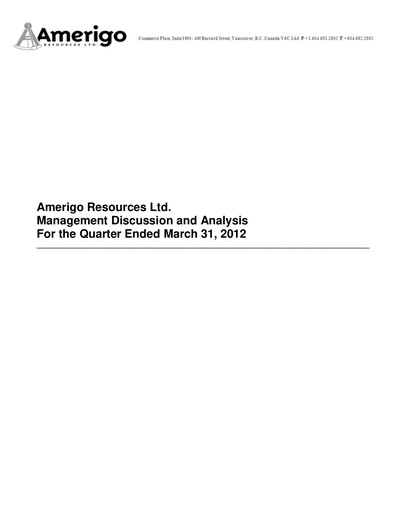 Miniature Amerigo Resources Rapport trimestriel 2012-q1