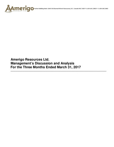 Miniature Amerigo Resources Rapport trimestriel 2017-q1