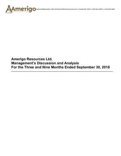 Miniature Amerigo Resources Rapport trimestriel 2018-q3