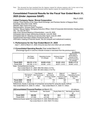 Thumbnail Rinnai Corporation Financial Statement fy2025