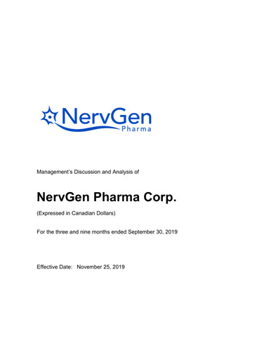 Miniature NervGen Pharma Rapport trimestriel 2019-q3