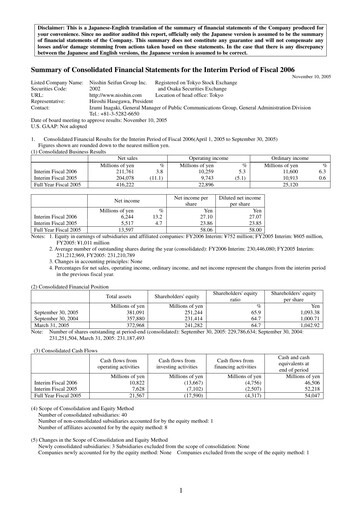 Miniature Nisshin Seifun Group
 Rapport semestriel 2006-h1