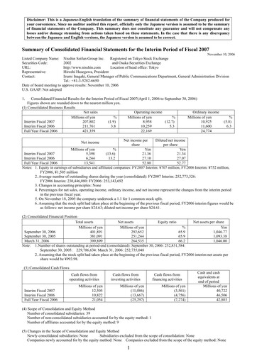 Miniature Nisshin Seifun Group
 Rapport semestriel 2007-h1
