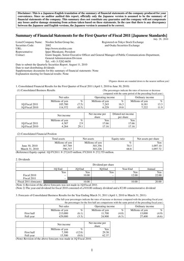 Thumbnail Nisshin Seifun Group
 Quarterly Report 2011-q1