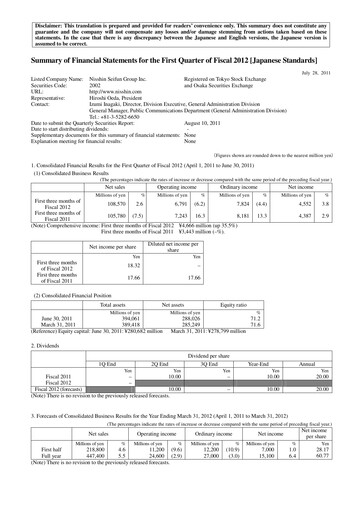 Thumbnail Nisshin Seifun Group
 Quarterly Report 2012-q1