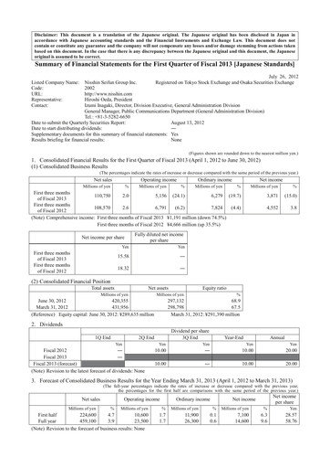 Thumbnail Nisshin Seifun Group
 Quarterly Report 2013-q1