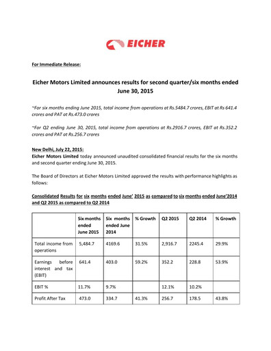 Thumbnail Eicher Motors Quarterly Report 2015-2016-q2