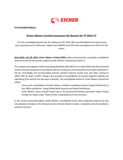 Thumbnail Eicher Motors Quarterly Report 2016-2017-q1