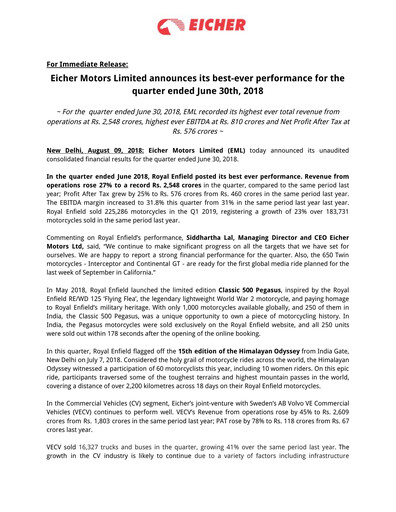 Thumbnail Eicher Motors Quarterly Report 2018-2019-q1