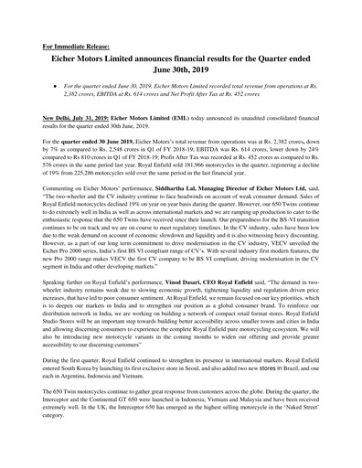 Thumbnail Eicher Motors Quarterly Report 2019-2020-q1