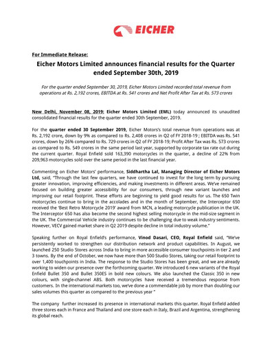 Thumbnail Eicher Motors Quarterly Report 2019-2020-q2