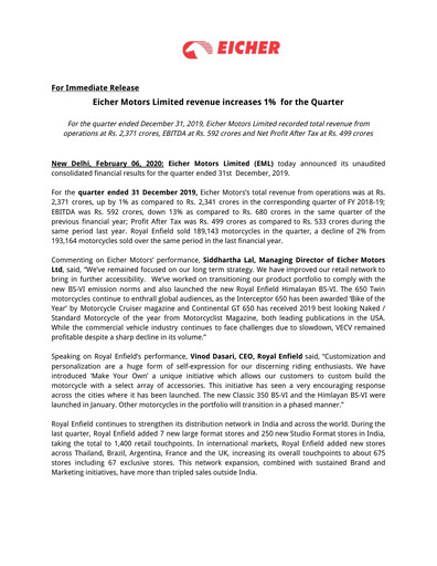 Thumbnail Eicher Motors Quarterly Report 2019-2020-q3
