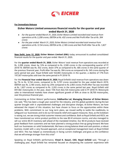 Thumbnail Eicher Motors Quarterly Report 2019-2020-q4