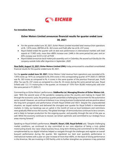 Thumbnail Eicher Motors Quarterly Report 2021-2022-q1