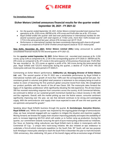 Thumbnail Eicher Motors Quarterly Report 2021-2022-q2