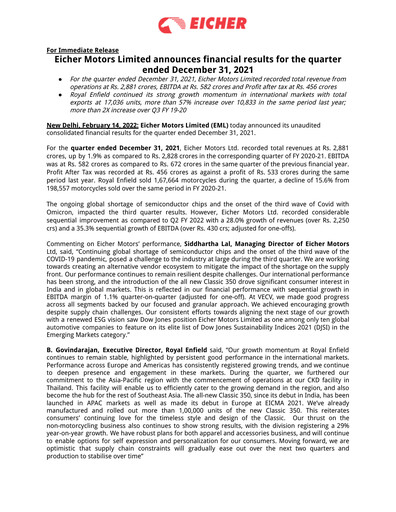 Thumbnail Eicher Motors Quarterly Report 2021-2022-q3