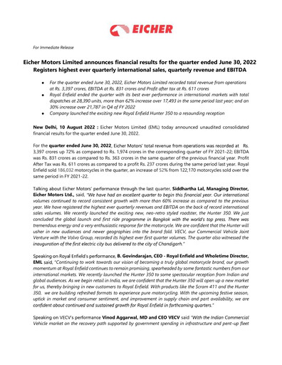 Thumbnail Eicher Motors Quarterly Report 2022-2023-q1