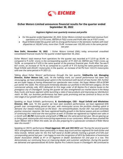 Thumbnail Eicher Motors Quarterly Report 2022-2023-q2