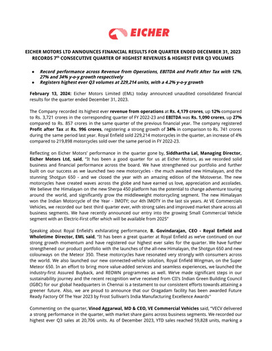 Thumbnail Eicher Motors Quarterly Report 2023-2024-q3