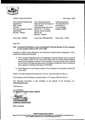 Miniature Berger Paints
 Rapport trimestriel 2020-q1