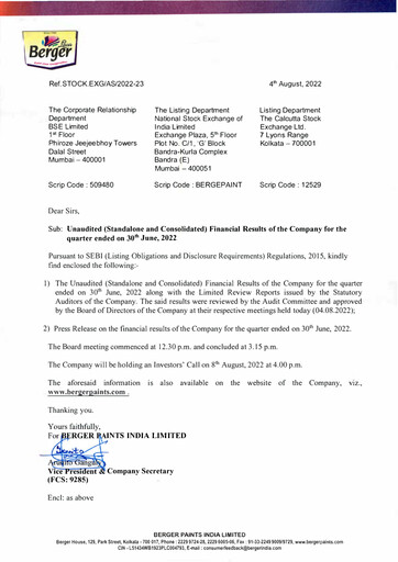 Miniature Berger Paints
 Rapport trimestriel 2022-q1