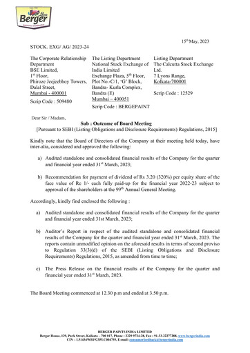 Miniature Berger Paints
 Rapport trimestriel 2022-q4