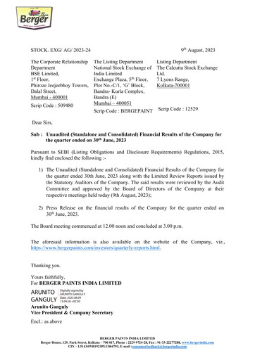 Miniature Berger Paints
 Rapport trimestriel 2023-q1