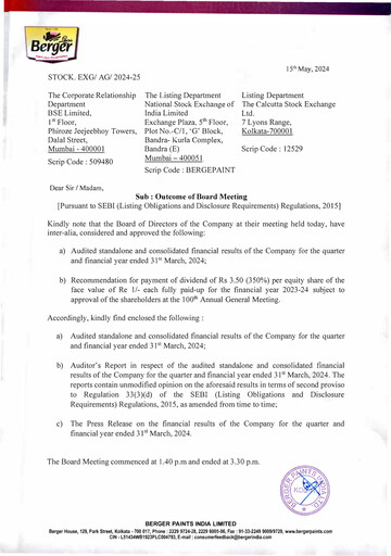 Miniature Berger Paints
 Rapport trimestriel 2023-q4
