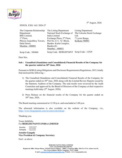 Thumbnail Berger Paints
 Quarterly Report 2026-q1