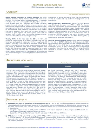 Thumbnail Advanced Info Service (AIS) Quarterly Report 2011-q1
