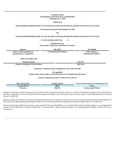 Thumbnail Borealis Foods Quarterly Report 2024-q3