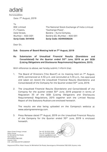 Vorschaubild Adani Green Energy
 Quartalsbericht 2019-q1