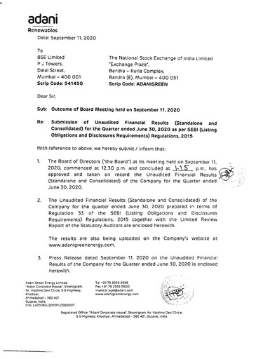 Vorschaubild Adani Green Energy
 Quartalsbericht 2020-q1