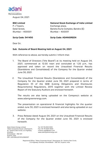 Vorschaubild Adani Green Energy
 Quartalsbericht 2021-q1
