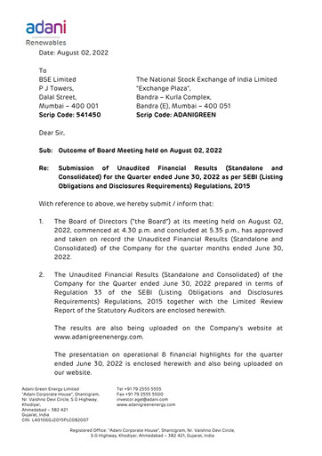 Vorschaubild Adani Green Energy
 Quartalsbericht 2022-q1