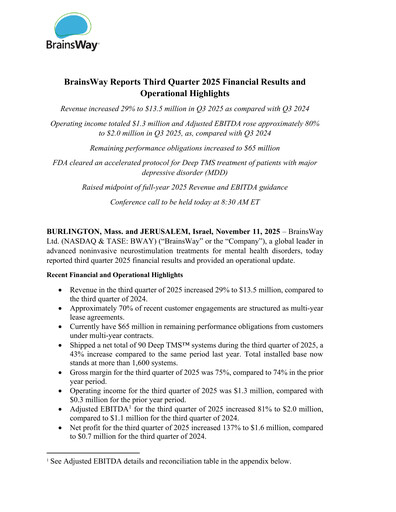 Thumbnail BrainsWay Financial Statement 2025-q3