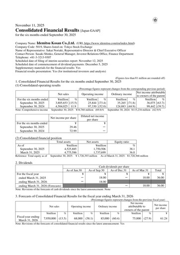 Thumbnail Idemitsu Kosan
 Half-year Report 2025-h1