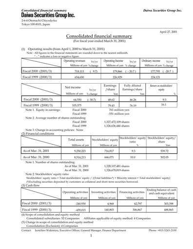 Miniature Daiwa Securities Group

 Bilan financier fy2000