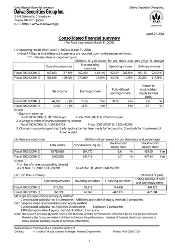 Miniature Daiwa Securities Group

 Bilan financier fy2003