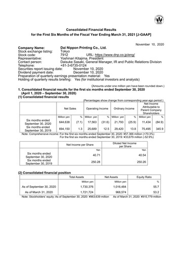 Miniature Dai Nippon Printing Rapport semestriel 2020-h1