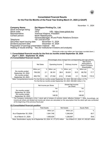 Miniature Dai Nippon Printing Rapport semestriel 2024-h1