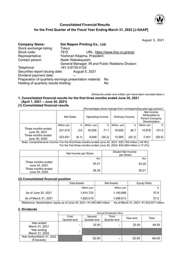 Miniature Dai Nippon Printing Rapport trimestriel 2021-q1