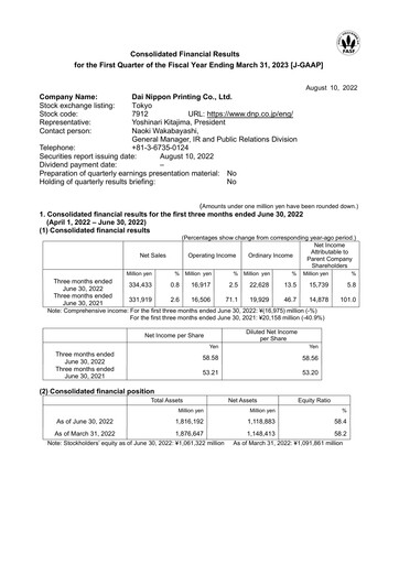 Miniature Dai Nippon Printing Rapport trimestriel 2022-q1