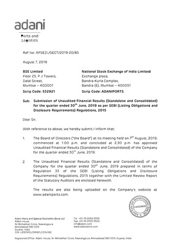 Miniature Adani Ports & SEZ Rapport trimestriel 2019-q1